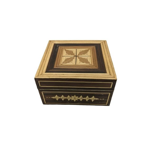 VTG Slat Texture Bamboo Wood Cover Trinket Stash Jewelry Box 4.5" x 4.5" - Picture 4 of 7